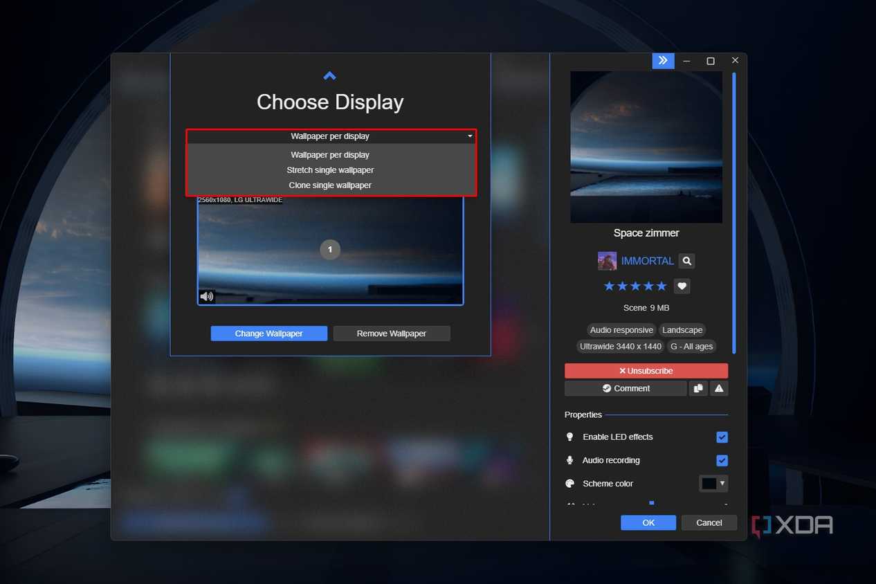 Windows 11 screenshot that highlights the clone and stretch wallpaper settings within the Wallpaper Engine app.