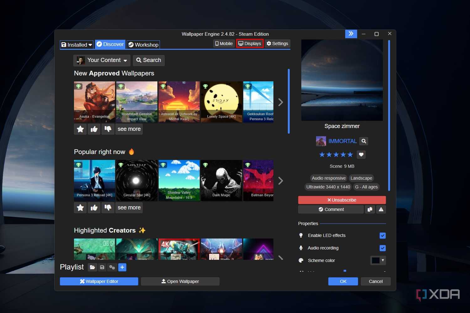 Windows 11 screenshot that highlights the Displays tab within the Wallpaper Engine app.