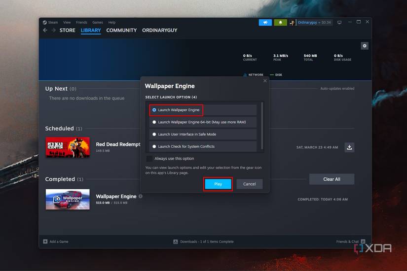 Windows 11 screenshot that shows the launch options for Wallpaper Engine within Steam.