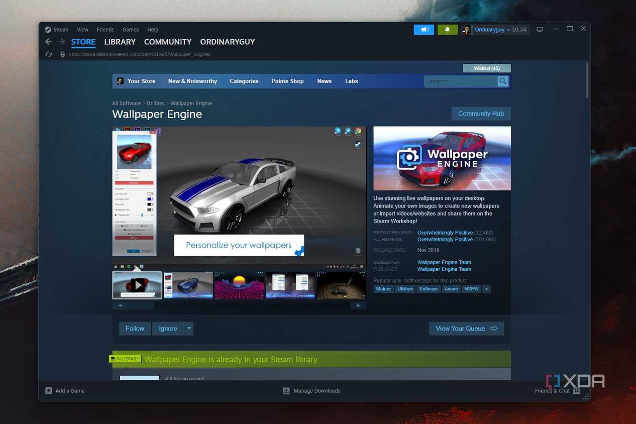 Windows 11 screenshot that shows the Store page for Wallpaper Engine on Steam.