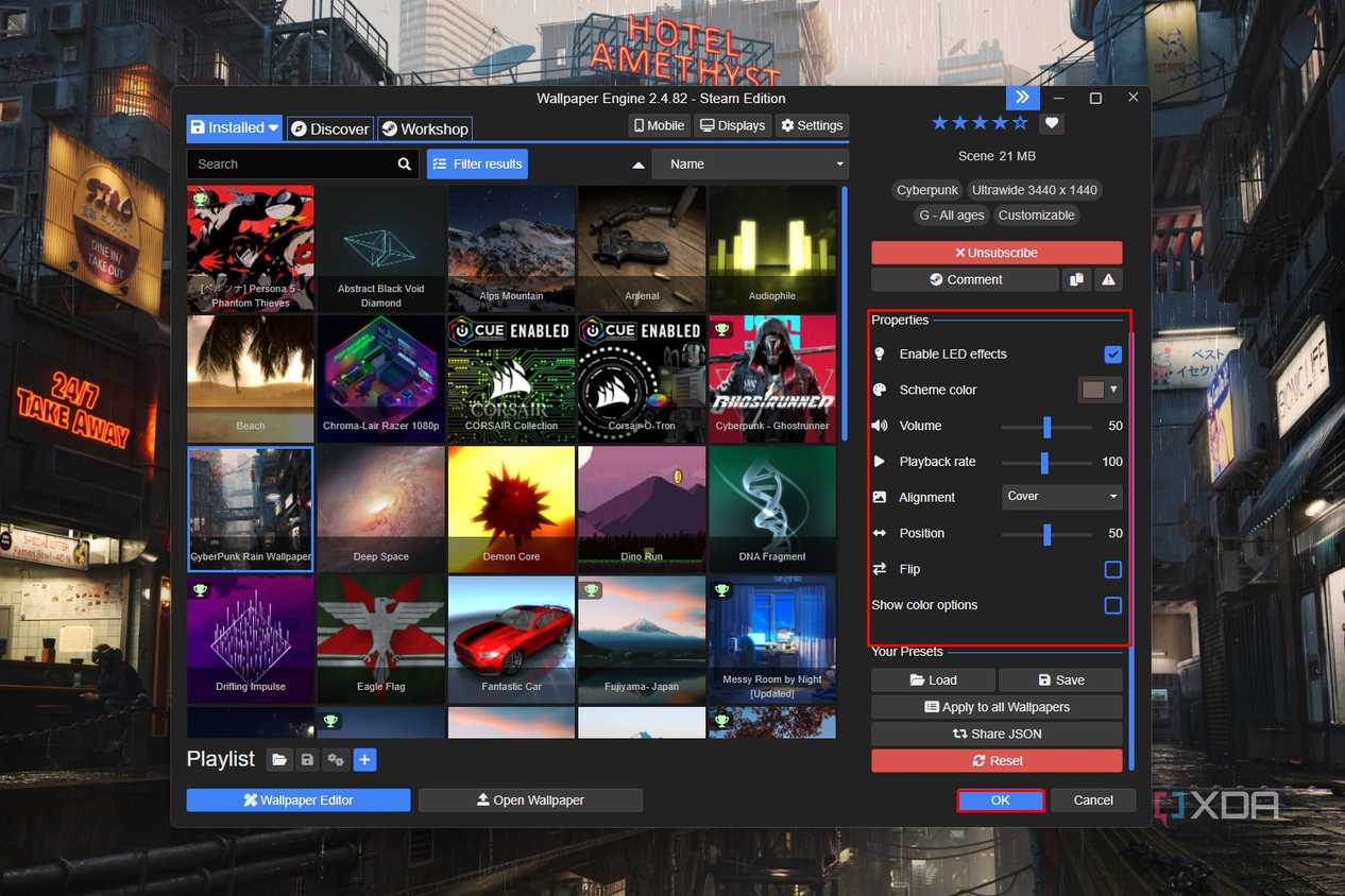 Windows 11 screenshot that highlights the Properties section under a wallpaper in the Wallpaper Engine app.