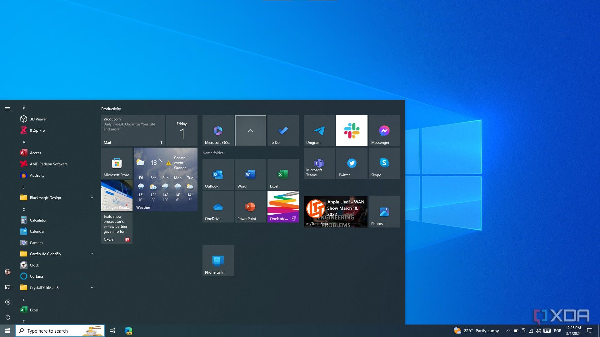 Windows 10 Start menu with an expanded folder containing multiple tiles