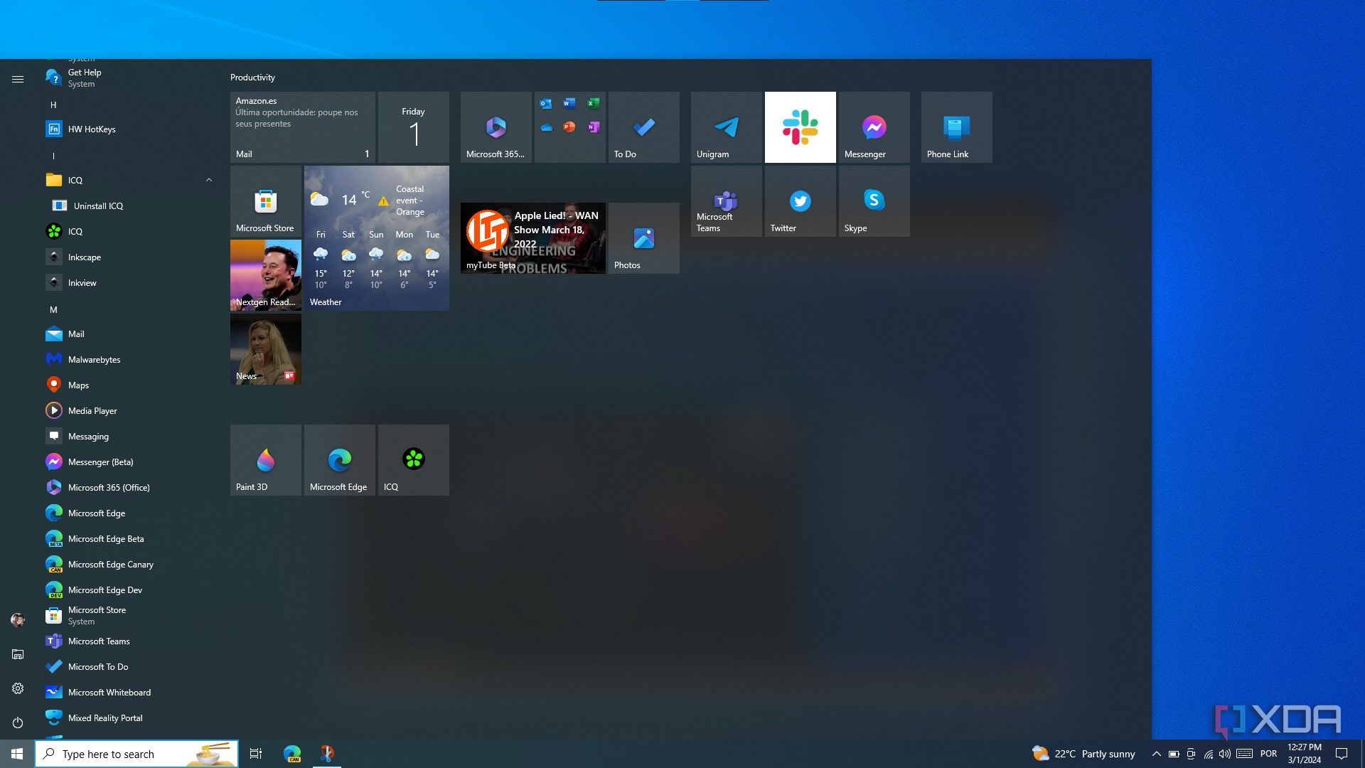 Windows 10 Start menu resized to take up most of the screen
