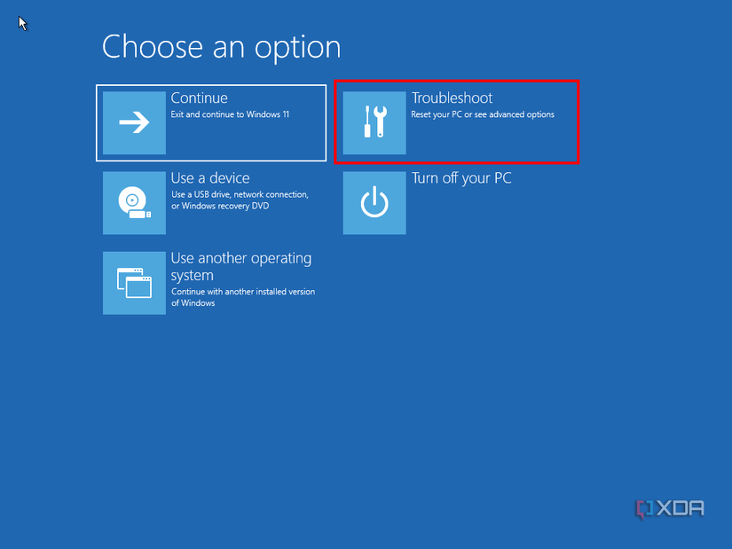 Windows 11 recovery environment with Troubleshoot option highlighted