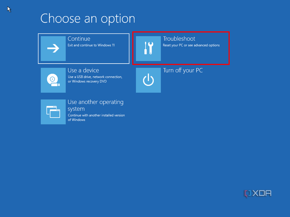 Windows 11 recovery environment with Troubleshoot option highlighted