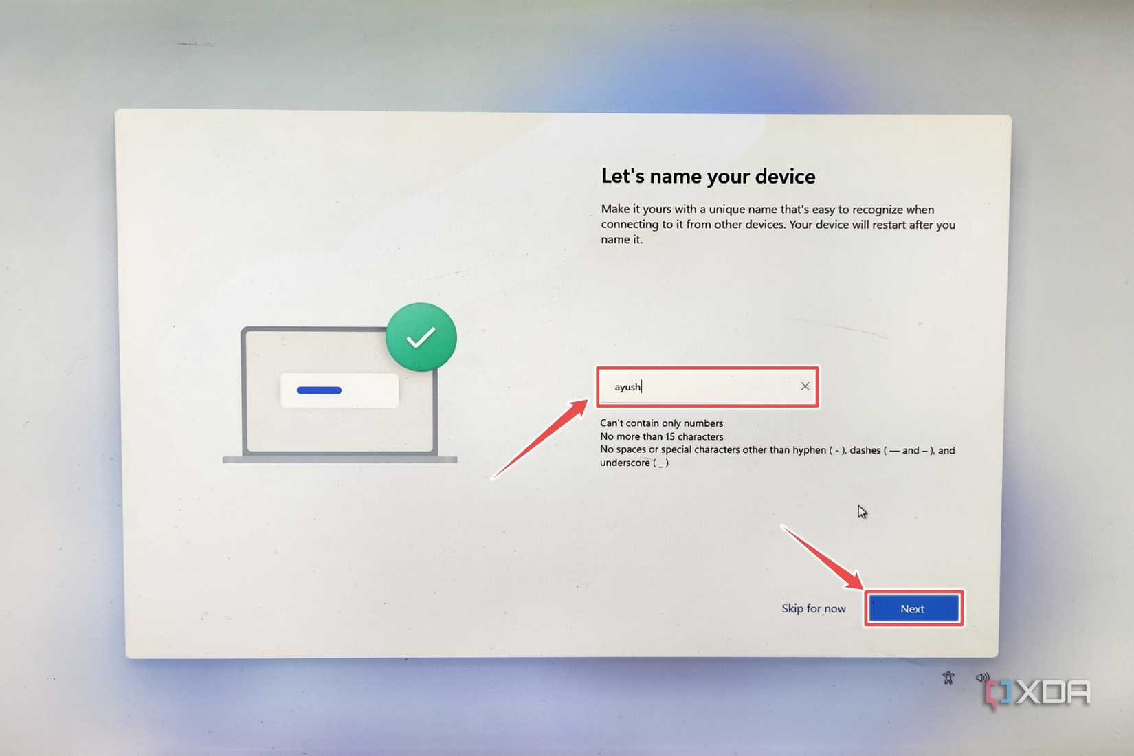 The Windows 11 ARM64 installer asking the user to enter the name of the machine