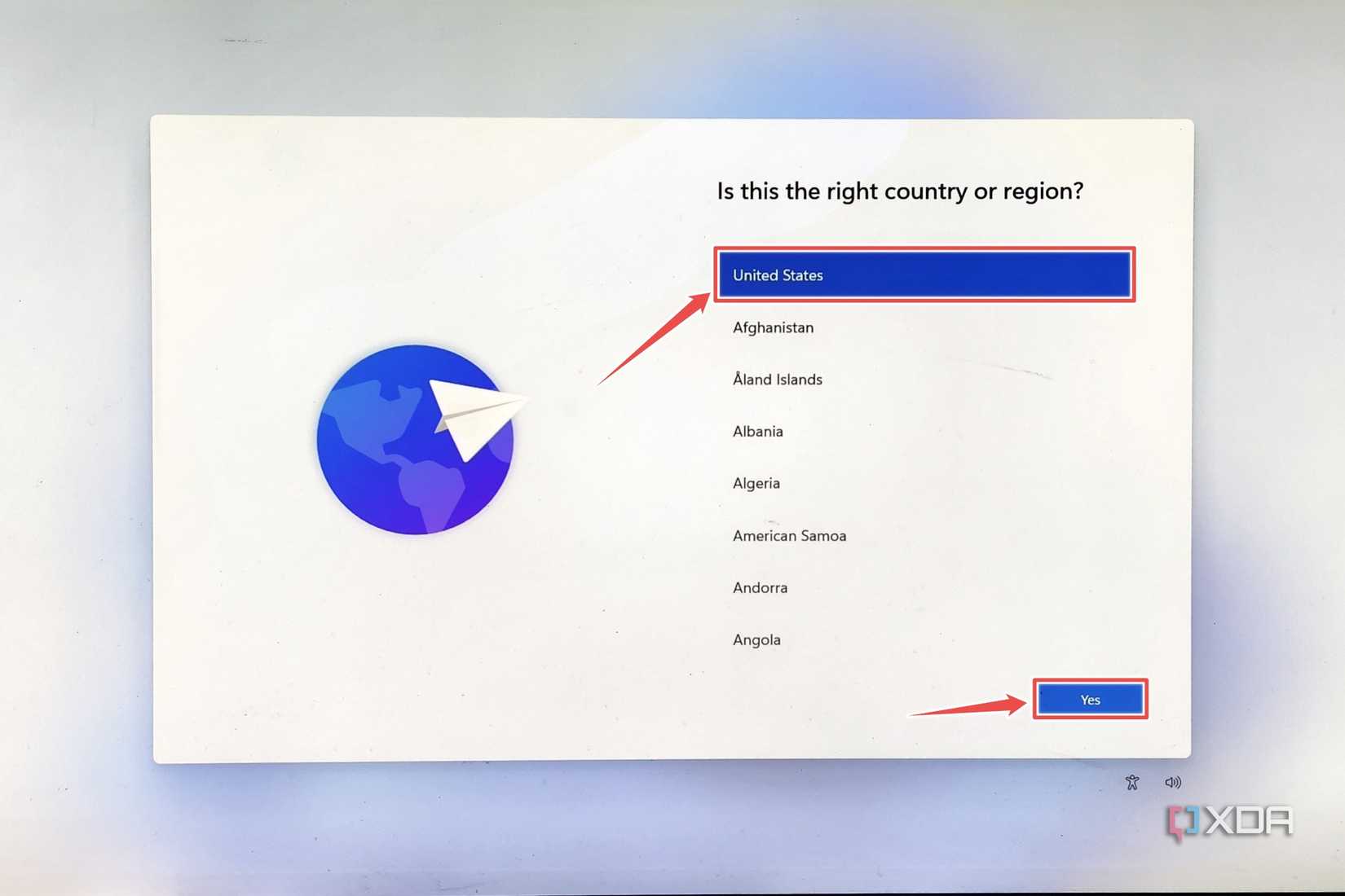 A screenshot of the Windows 11 installer highlighting the region options