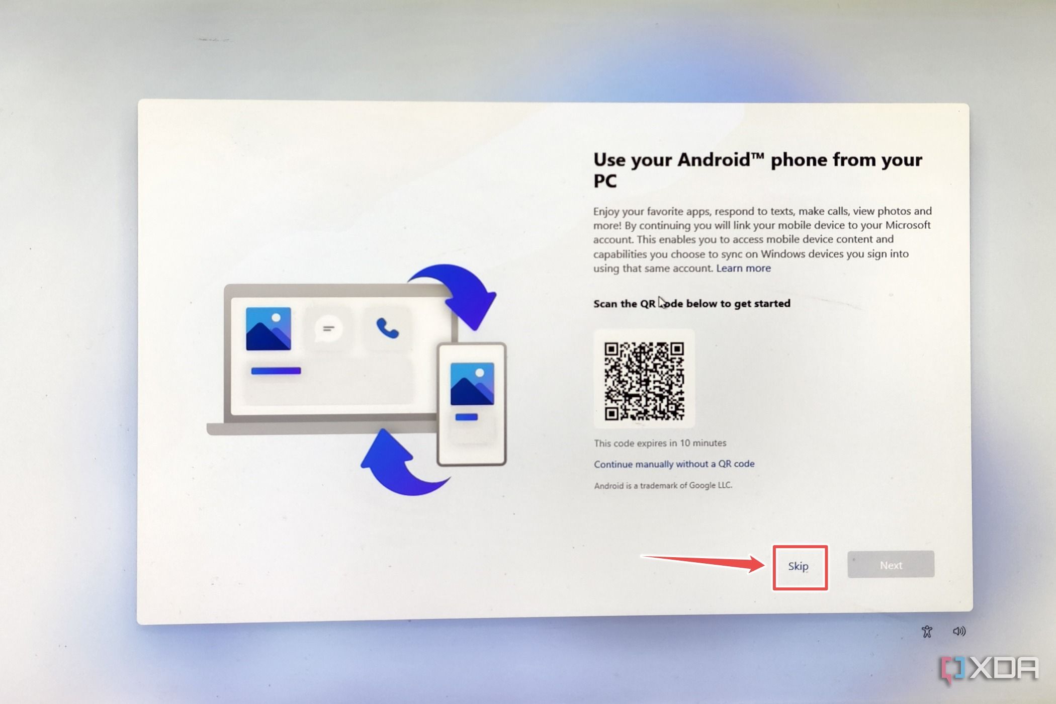 The option to add an Android phone inside the Windows 11 ARM64 installer