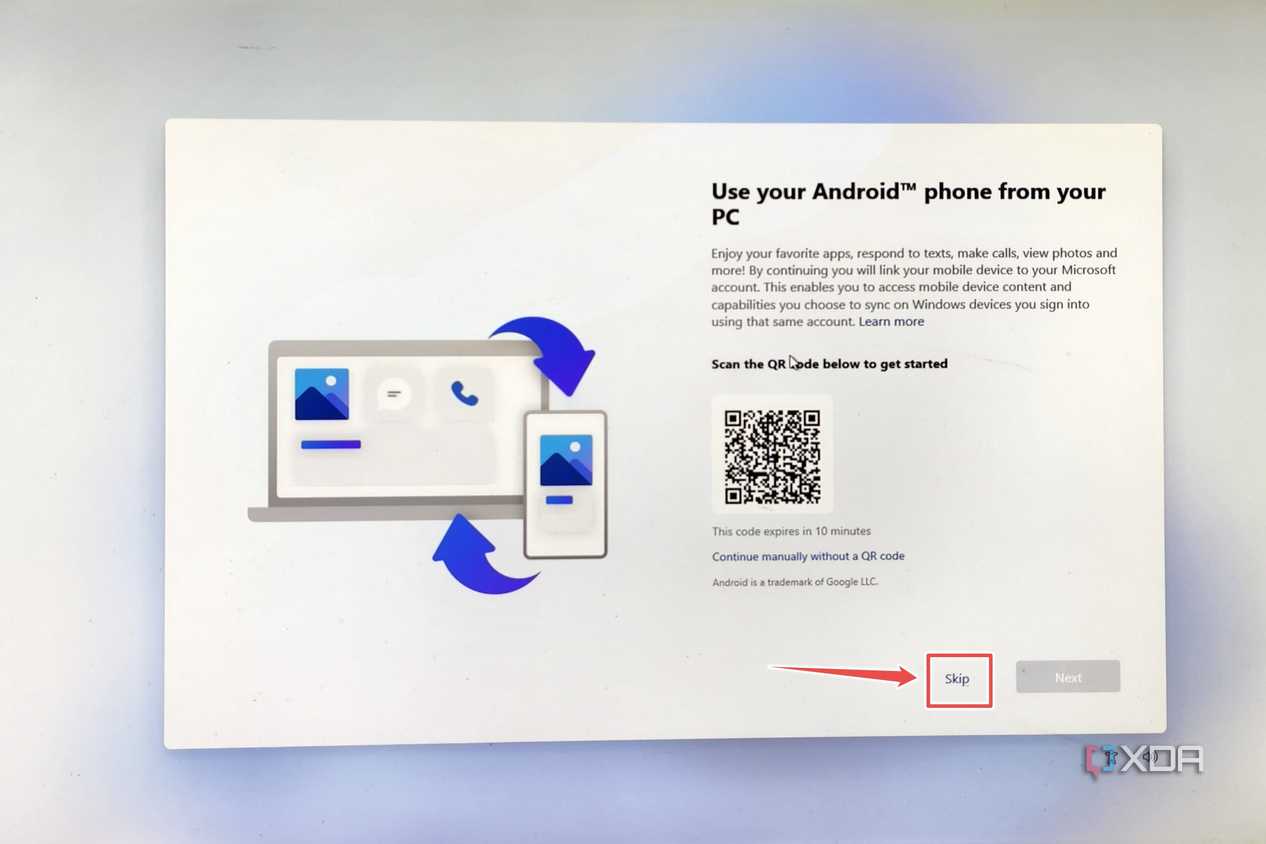 The option to add an Android phone inside the Windows 11 ARM64 installer