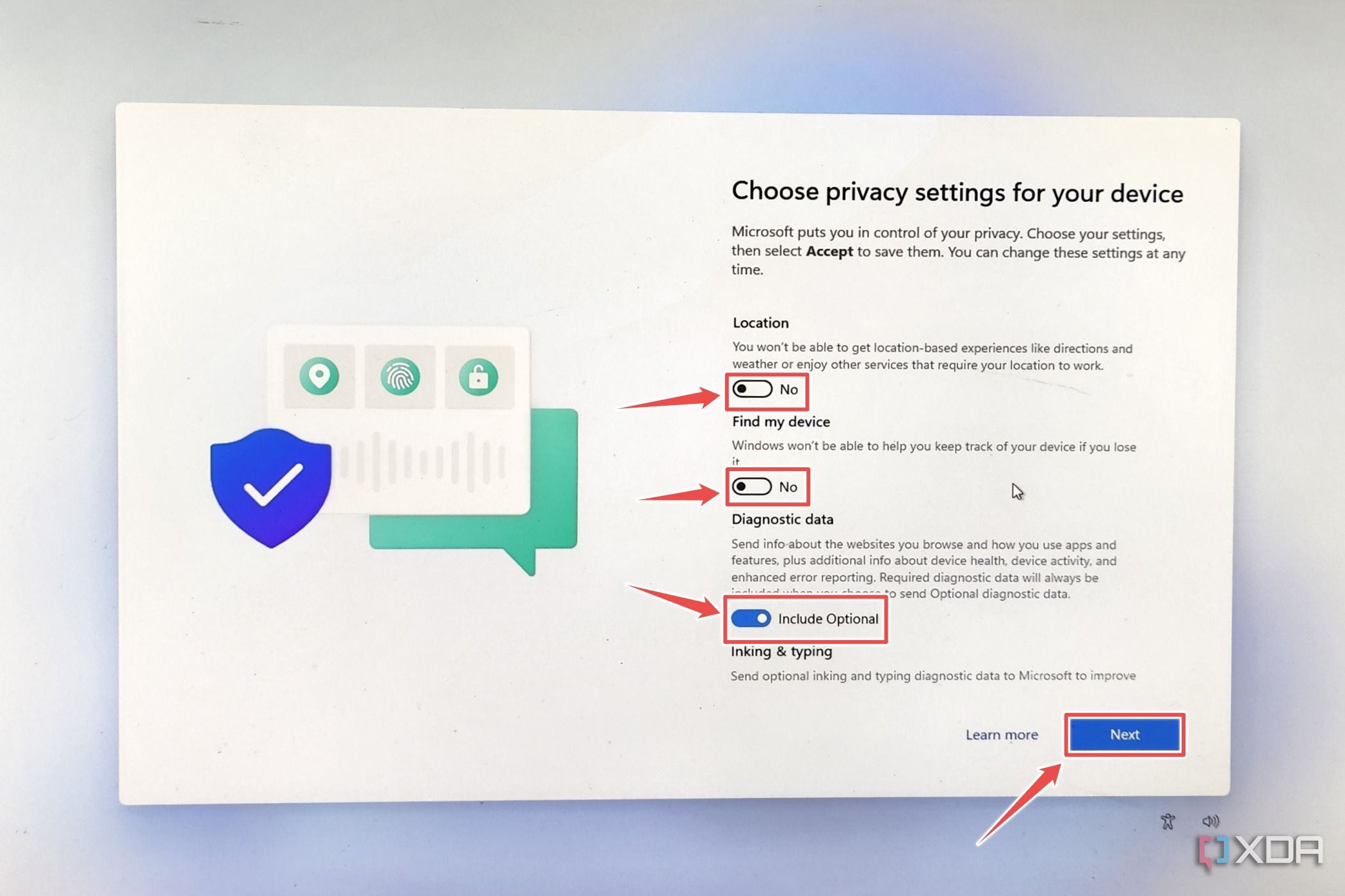 The Privacy Settings available on the Windows 11 ARM64 installer