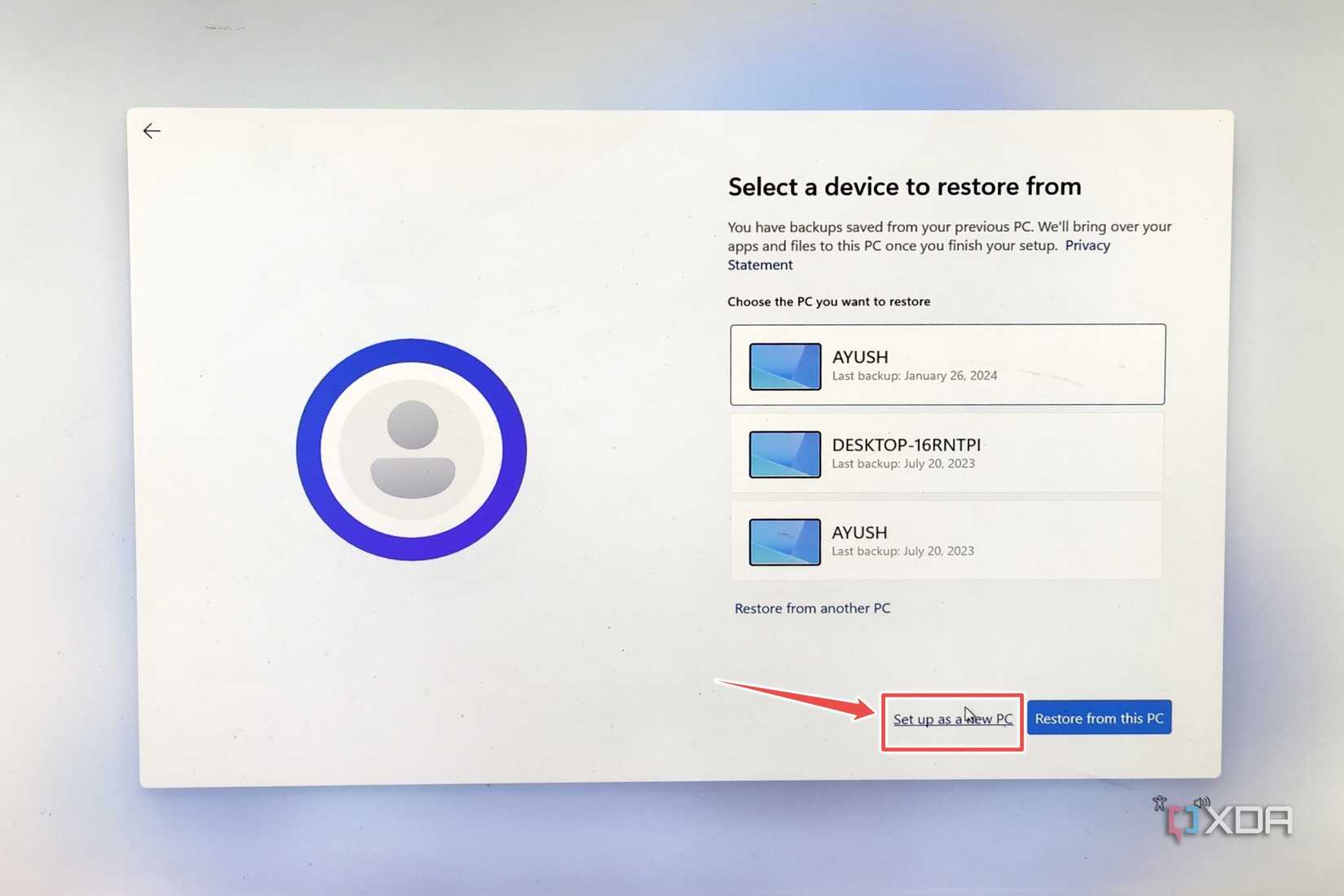 The Restore option on the Windows 11 ARM64 installer