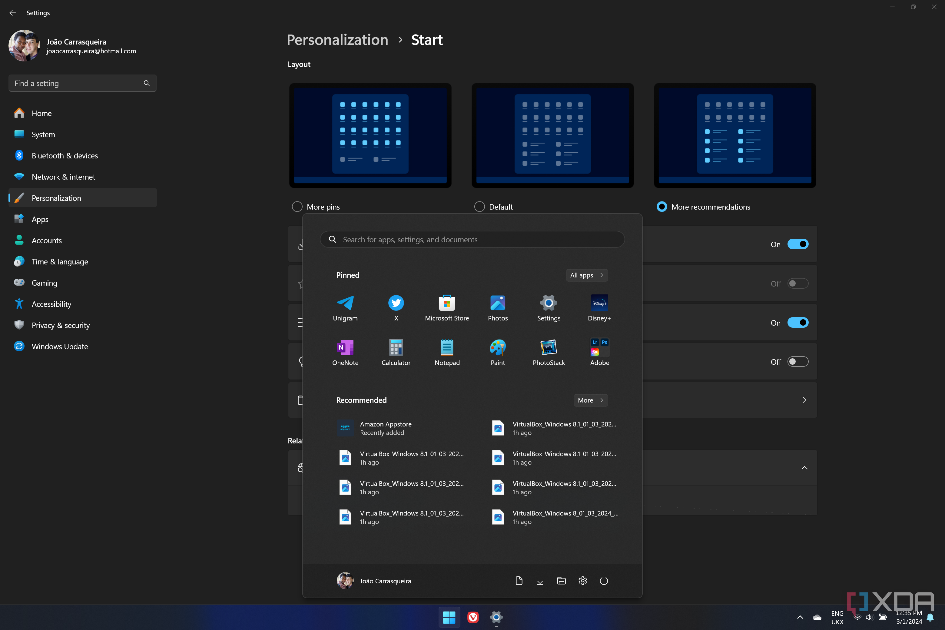 Windows 11 Start menu open over the Start menu settings