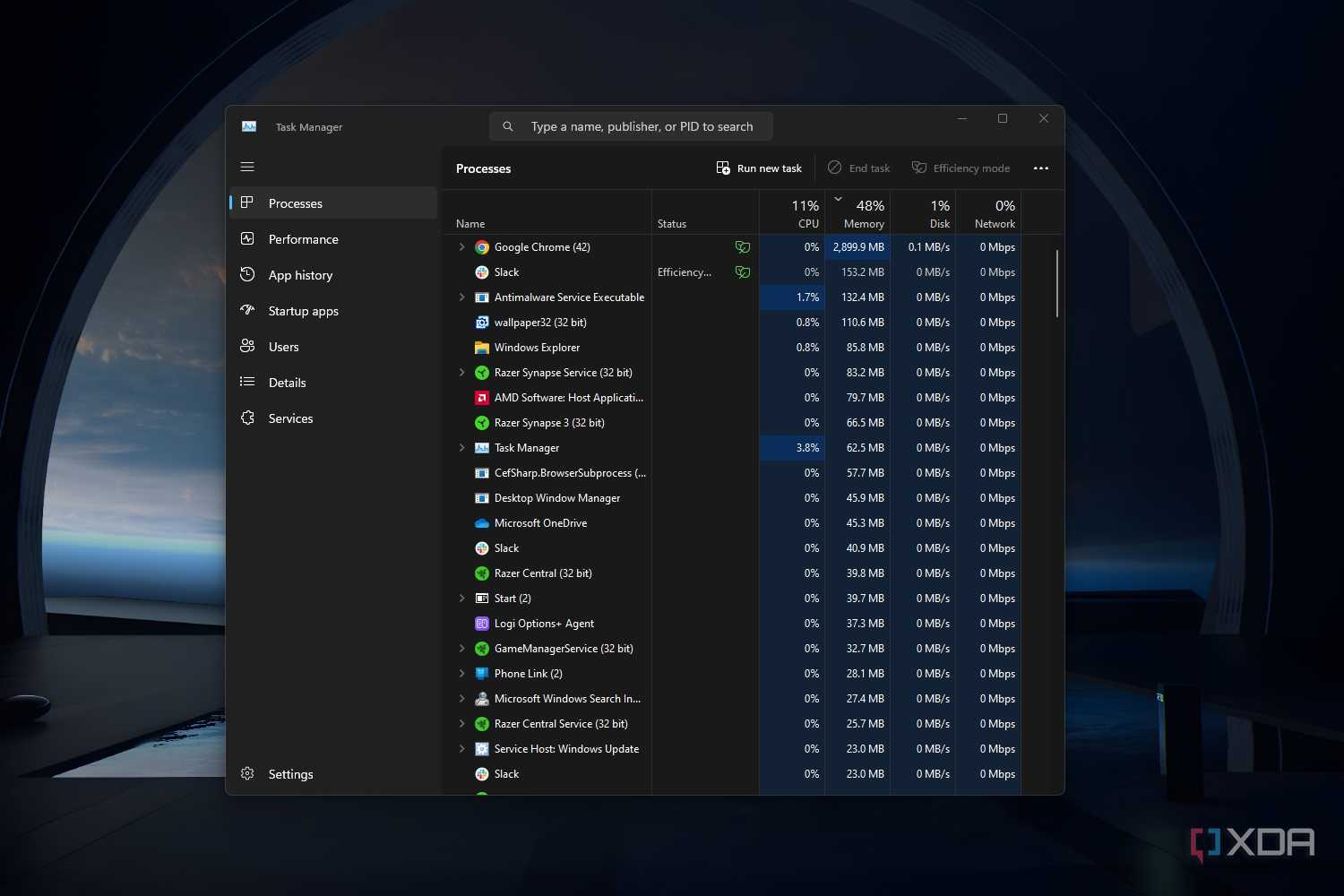 Screenshot of a Windows 11 desktop with an open Task Manager window.