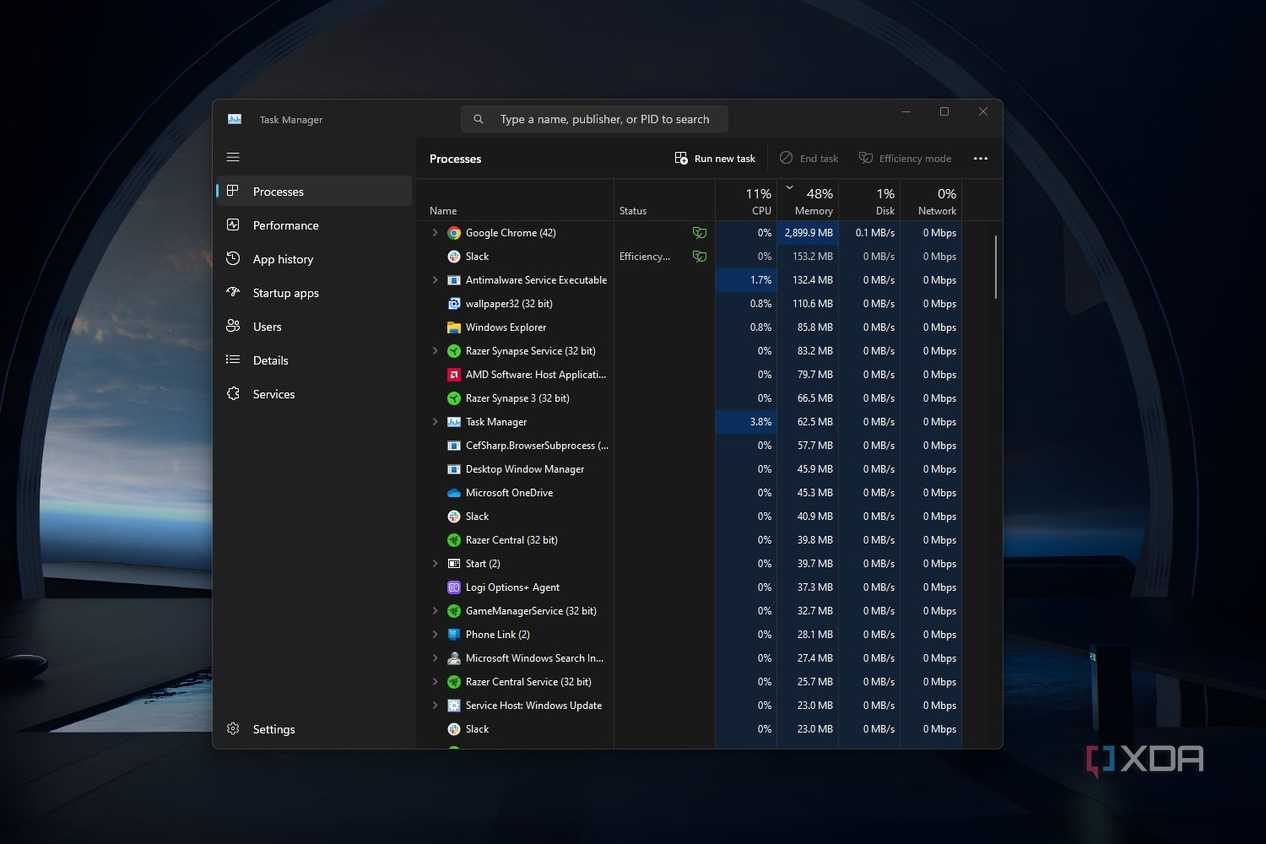 Screenshot of a Windows 11 desktop with an open Task Manager window.