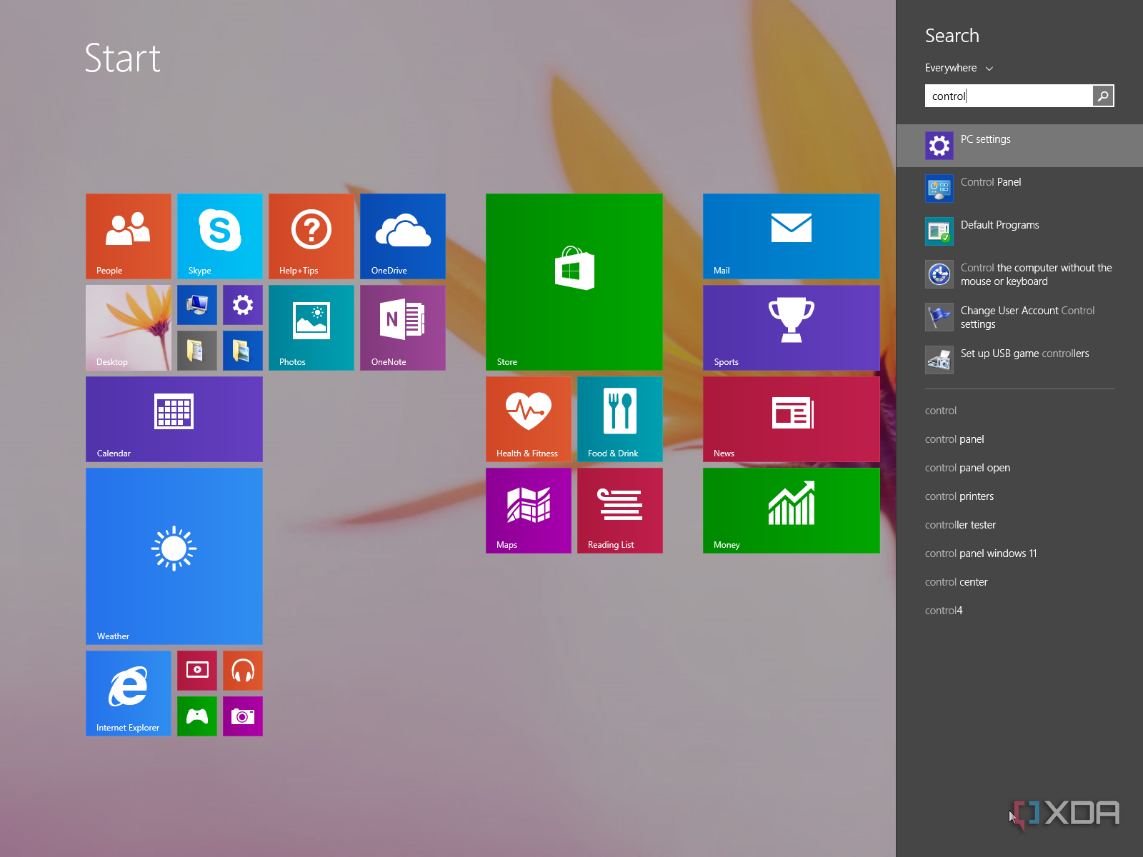 Windows 8.1 Start menu with the search sidebar open