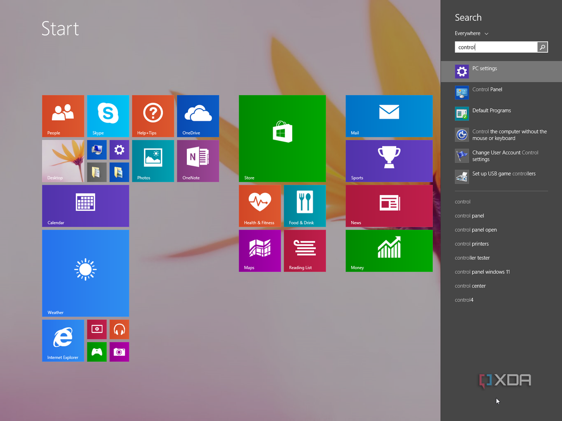 Windows 8.1 Start menu with the search sidebar open