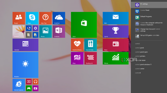 Windows 8.1 Start menu with the search sidebar open