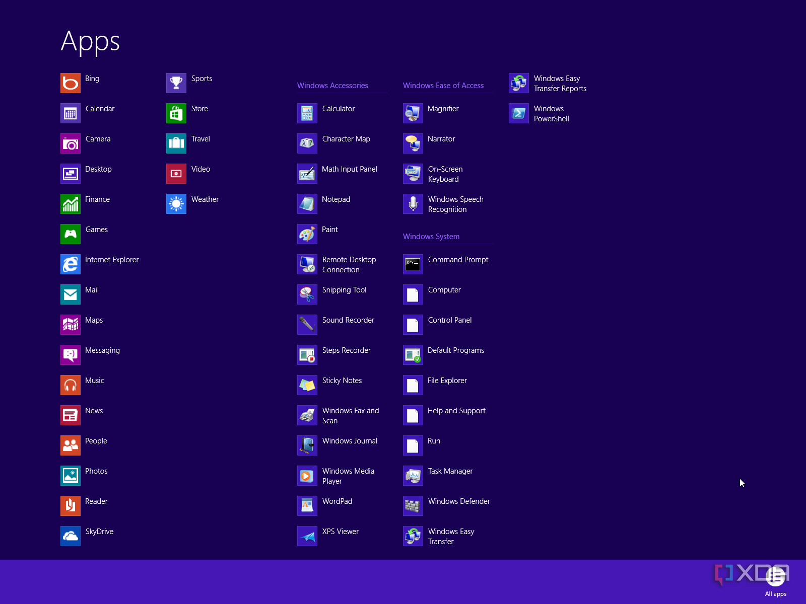 Windows 8 Start menu showing the All apps list