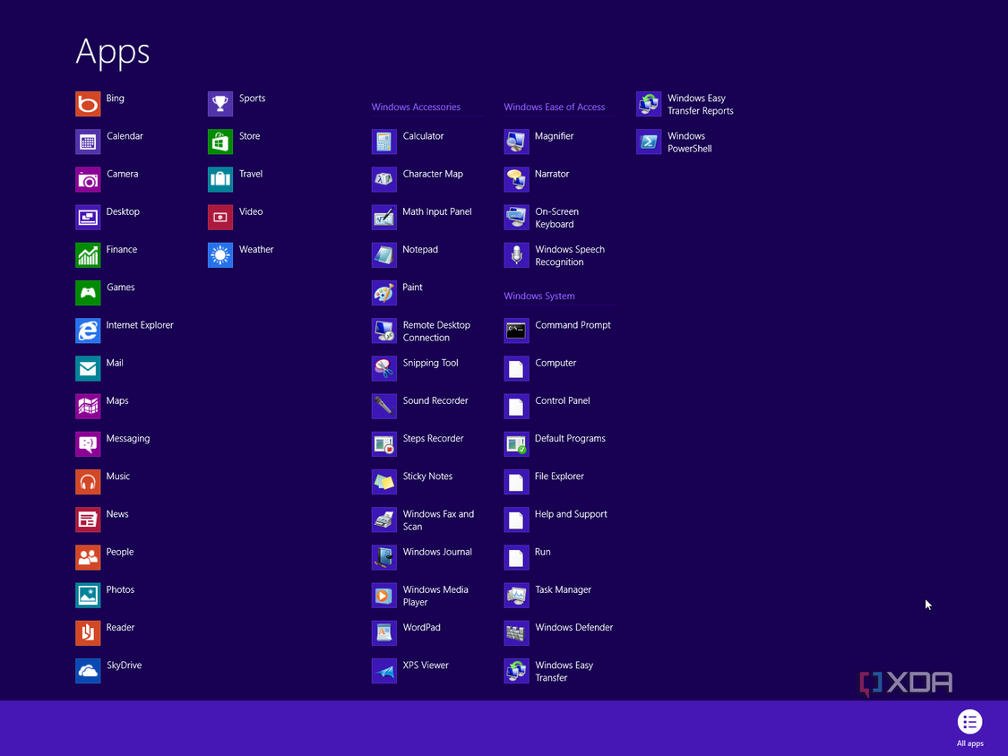 Windows 8 Start menu showing the All apps list