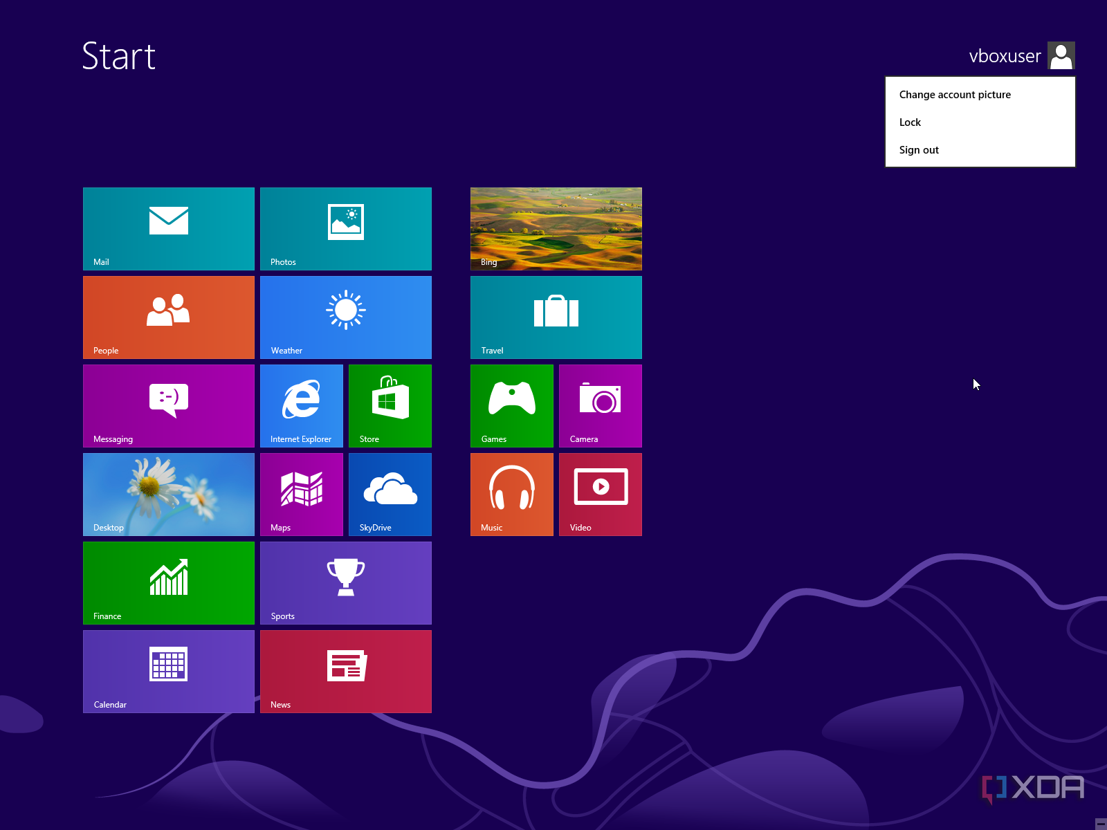 Windows 8 Start menu showing the user profile menu