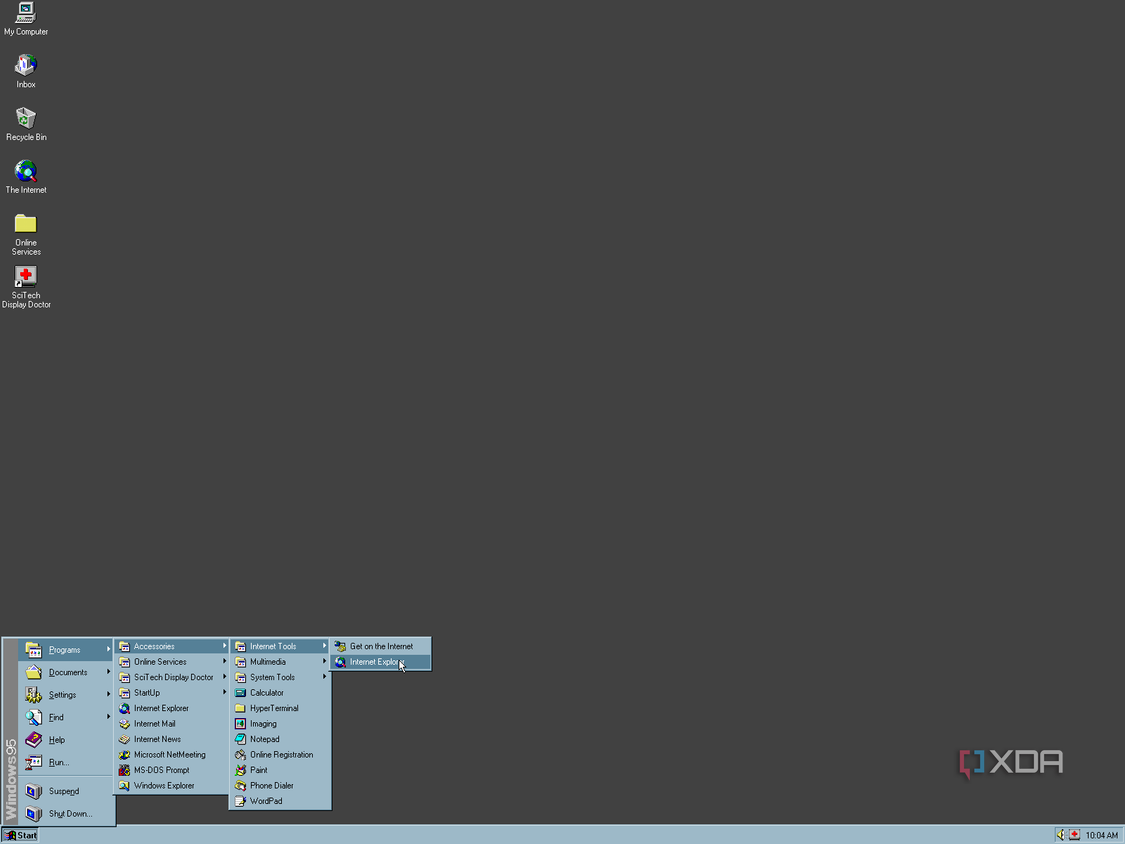 Windows 95 Start menu with multiple sub-menus expanded in the Programs section