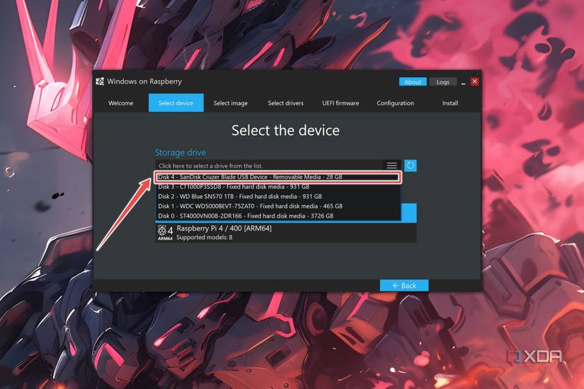 Windows on Raspberry Imager depicting the Storage drive options