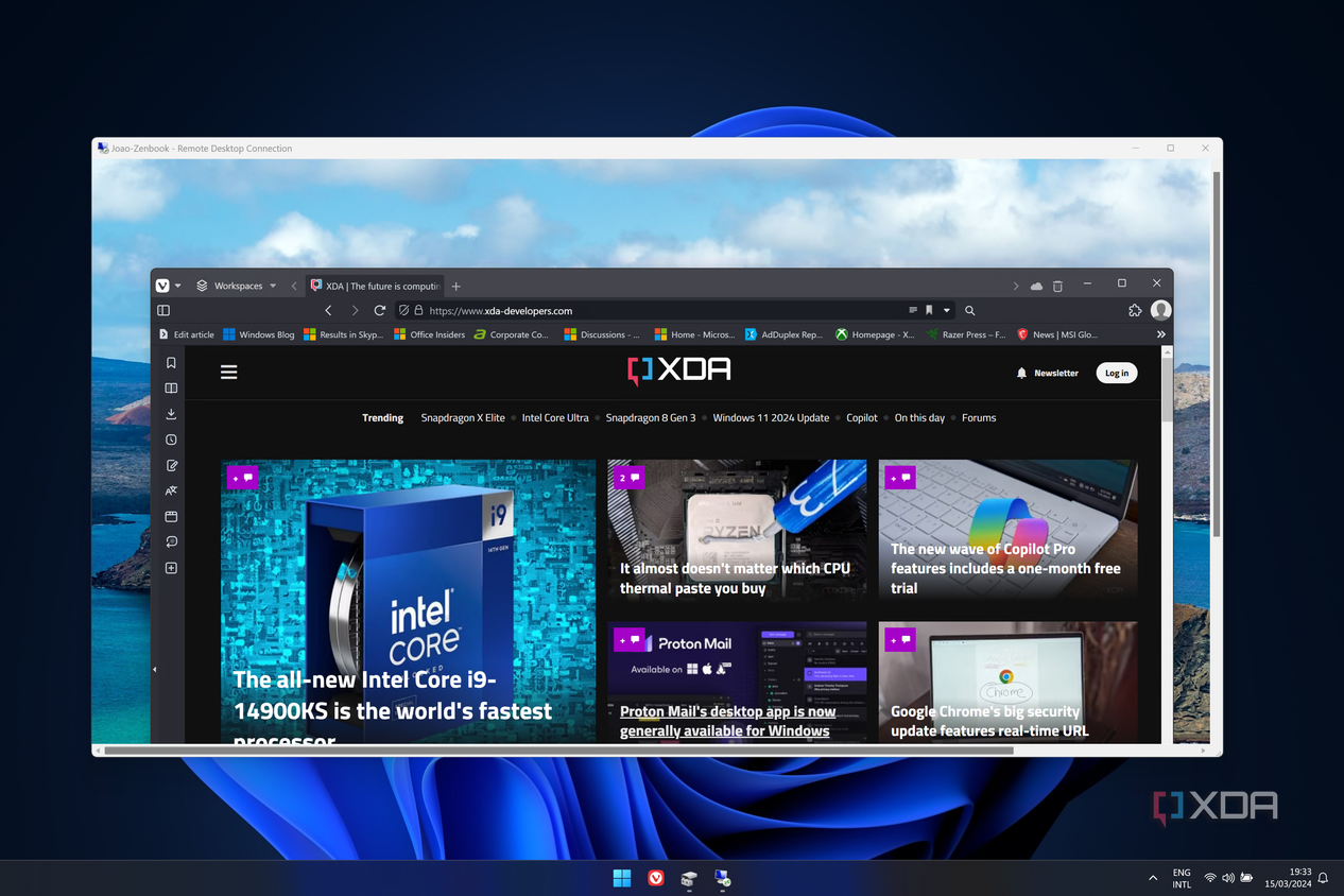 Screenshot of Windows 11 during a Remote Desktop session to another Windows 11 PC