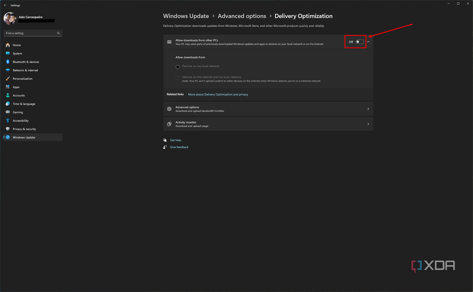 Screenshot of delivery optimization settings with downloads form other PCs turned off
