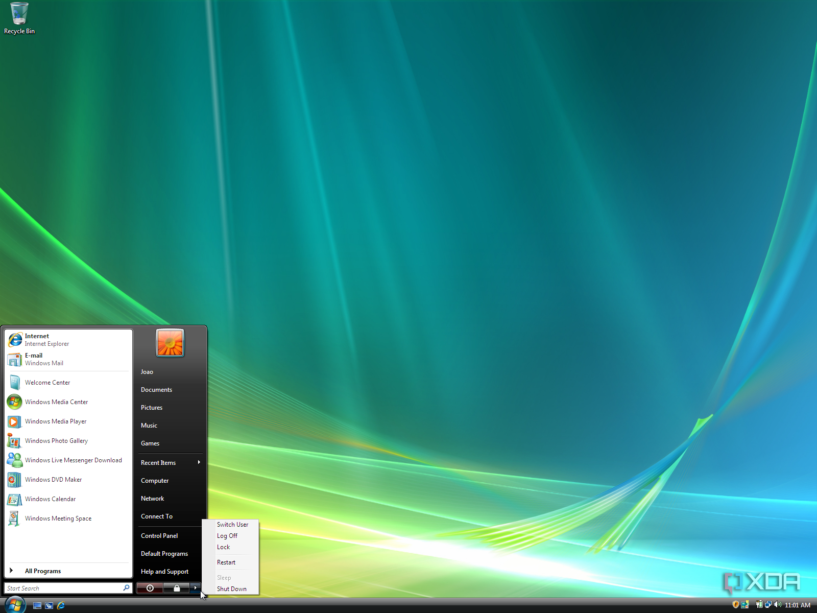 Windows Vista Start menu showing the power options menu