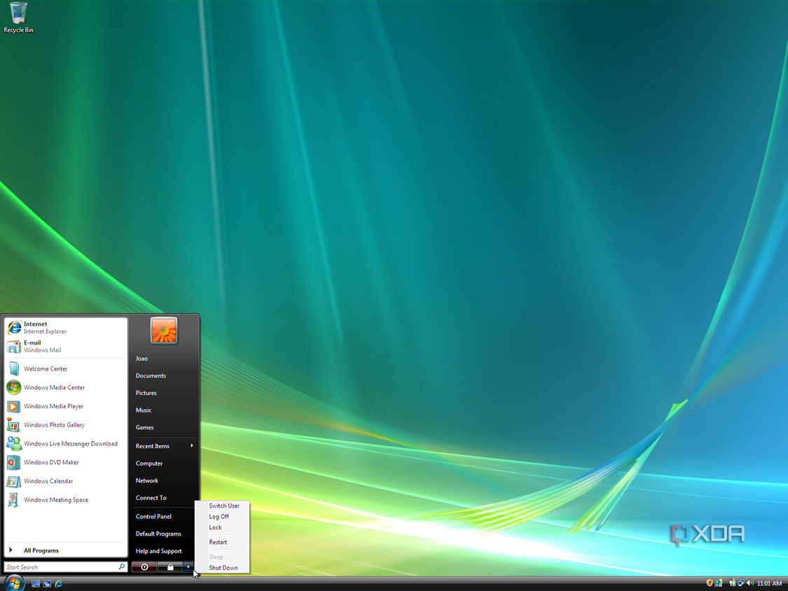 Windows Vista Start menu showing the power options menu