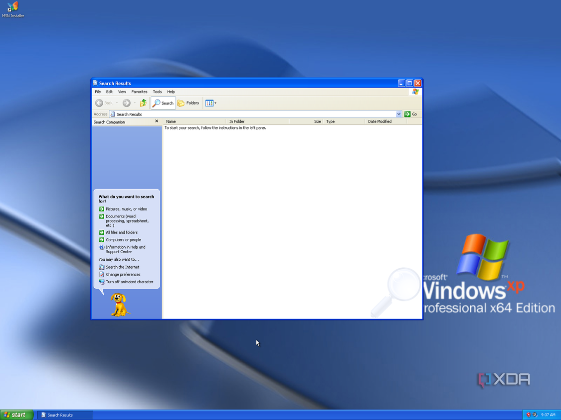 Screenshot of Windows XP search with Rover on the side bar