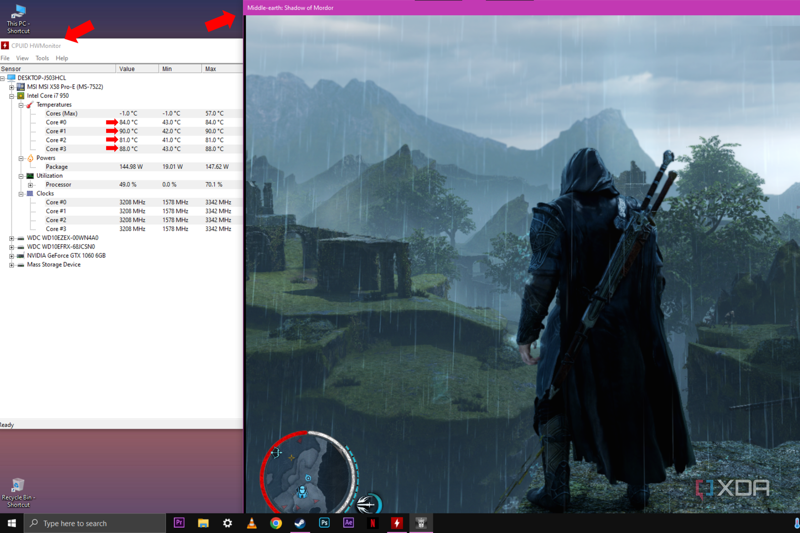 Shadow of Mordor application playing in a window next to HWMonitor with arrows pointing to the CPU temperature