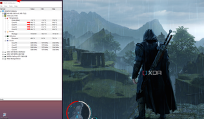 Shadow of Mordor application playing in a window next to HWMonitor with arrows pointing to the CPU temperature