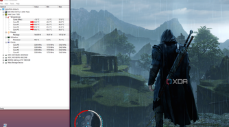 Shadow of Mordor application playing in a window next to HWMonitor with arrows pointing to the CPU temperature