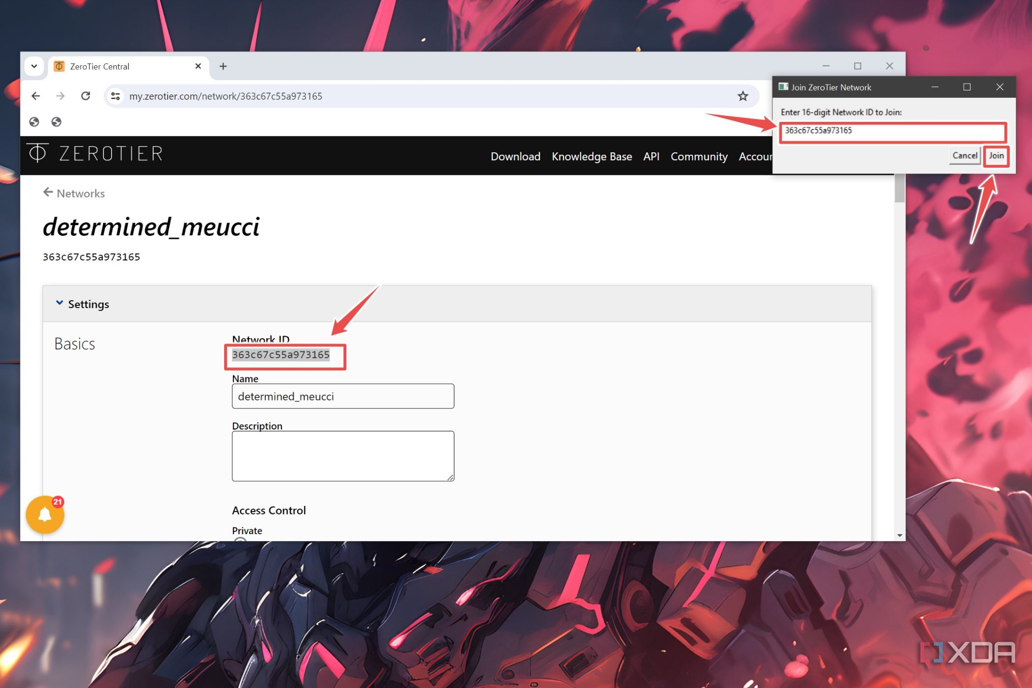 The procedure to copy the Network ID to the Join ZeroTier Network dialog box