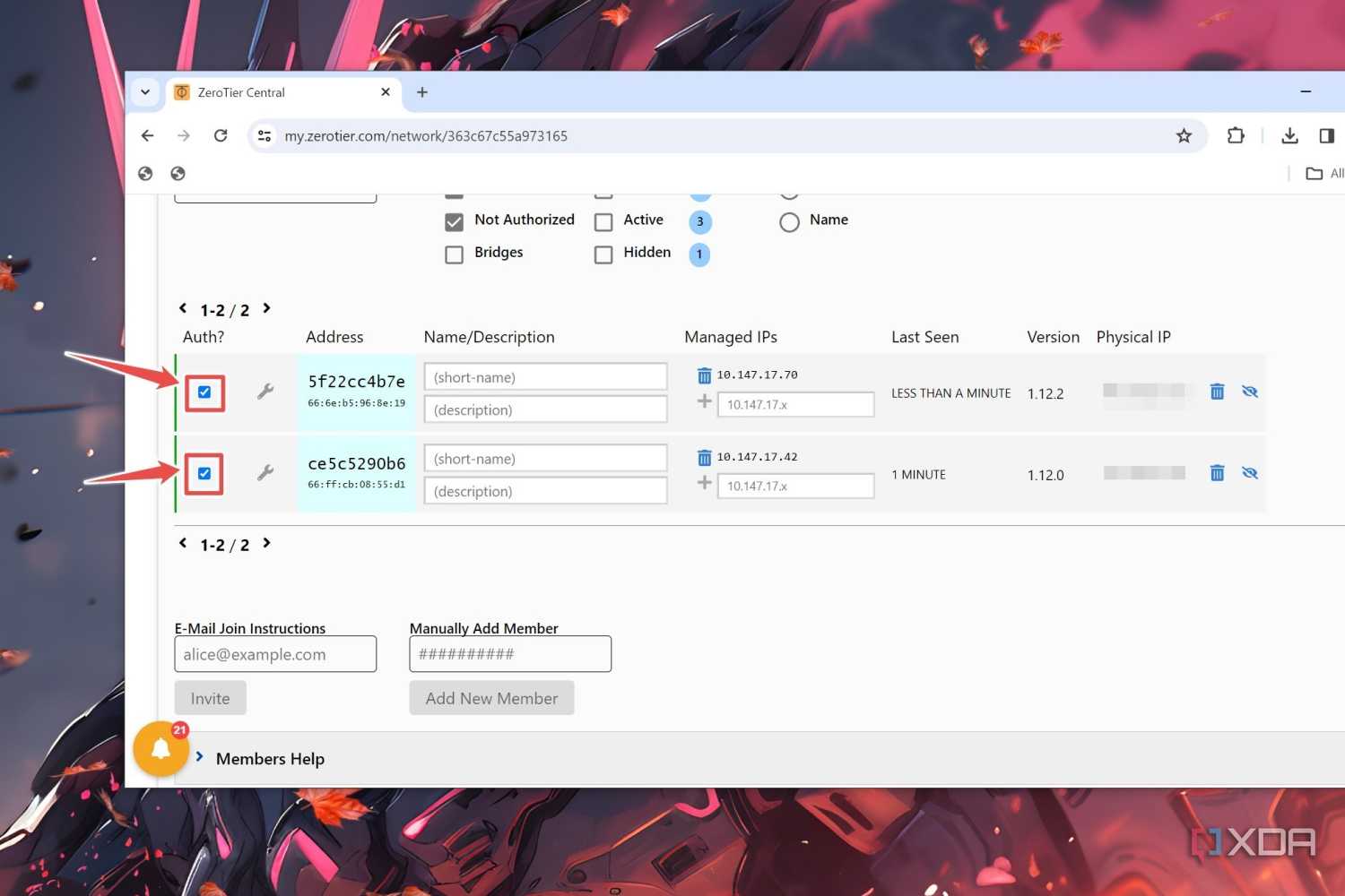 The ZeroTier UI with the Auth? checkboxes enabled