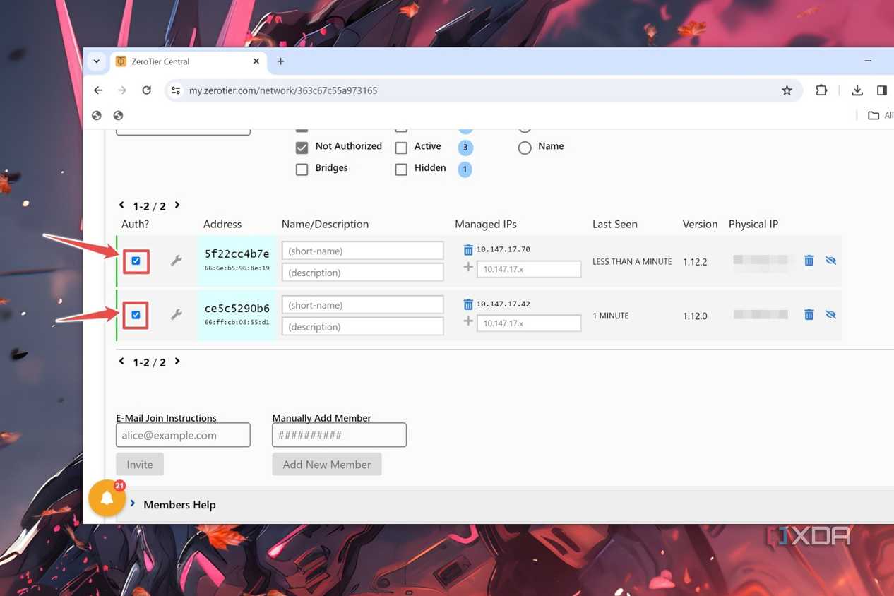 The ZeroTier UI with the Auth? checkboxes enabled