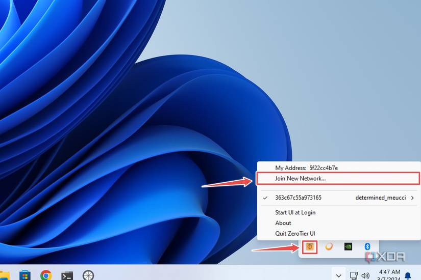 The ZeroTier app with the Join New Network... option highlighted