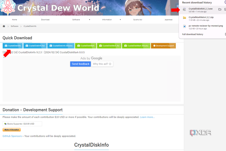 The CrystalDiskInfor Official website with a red arrow pointing to the CrystalDiskInfo download button
