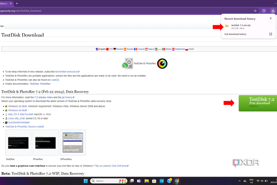 a screenshot of the TestDisk website with an arrow pointing to the download link