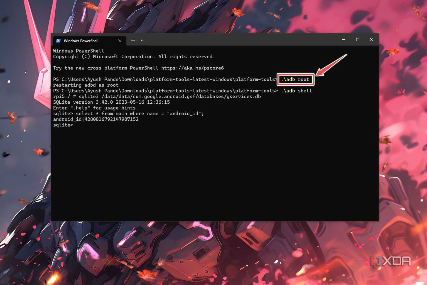 The .\adb root command running inside the Windows Terminal app