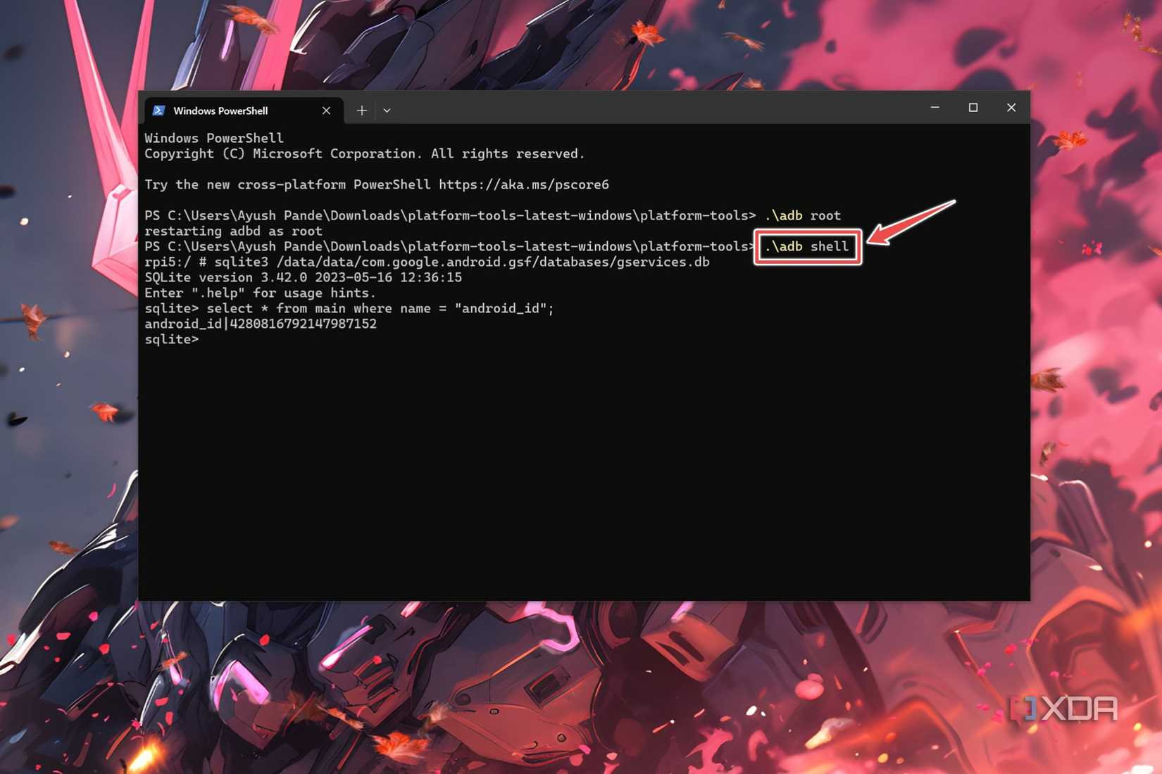 The .\adb shell command running inside the Windows Terminal app