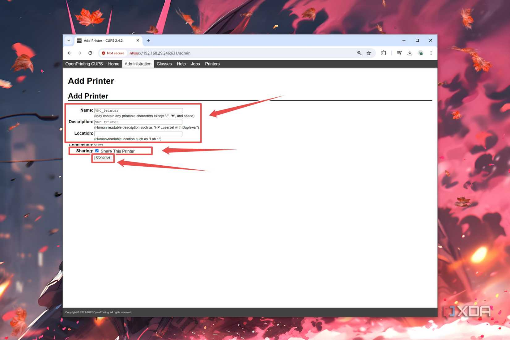 The procedure to add the Printer details in the CUPS UI