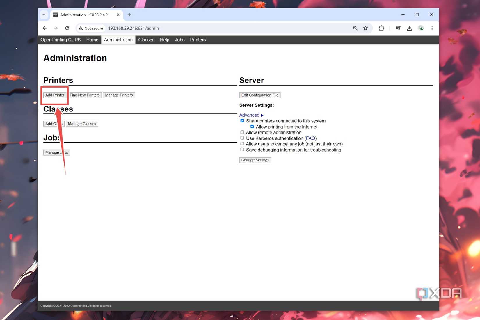 The Add Printer button in CUPS UI