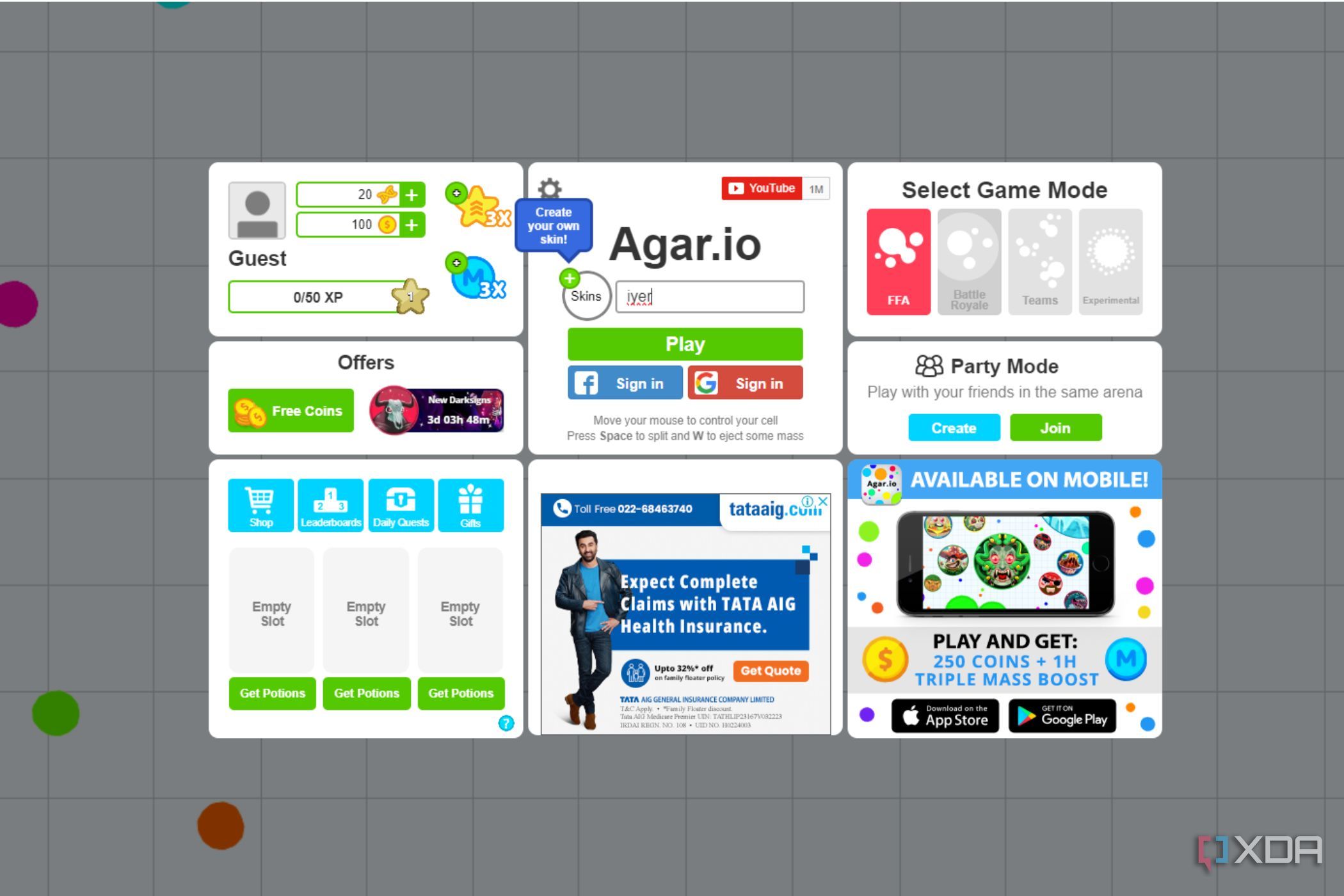 A screenshot showing the Agar IO main page.