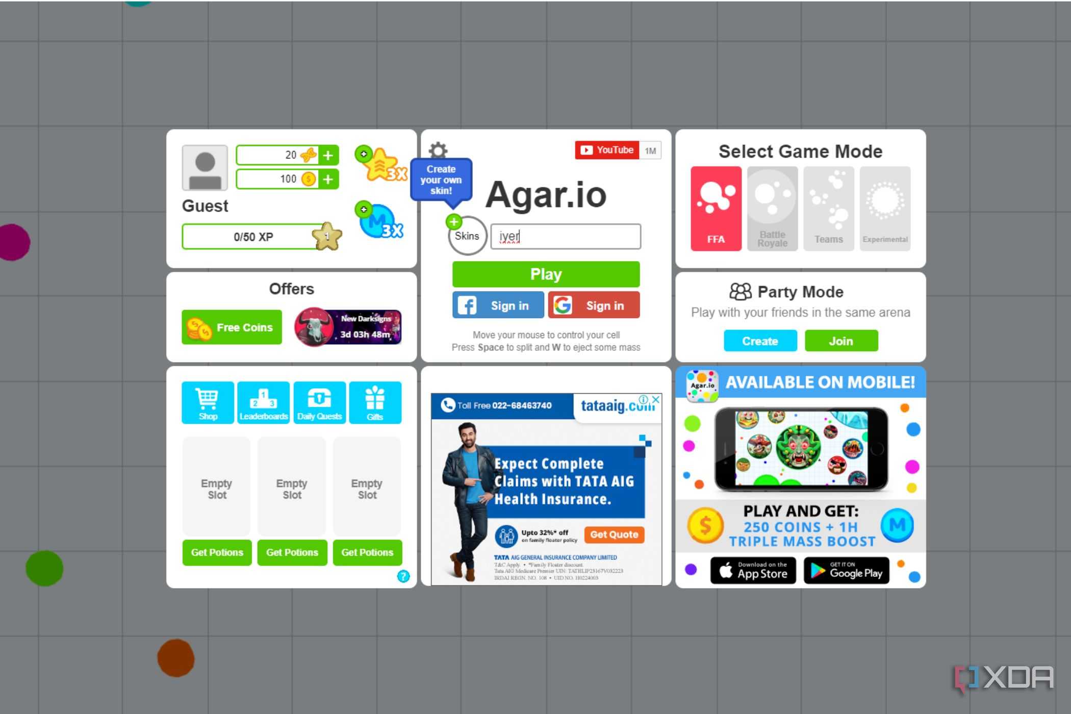 A screenshot showing the Agar IO main page.