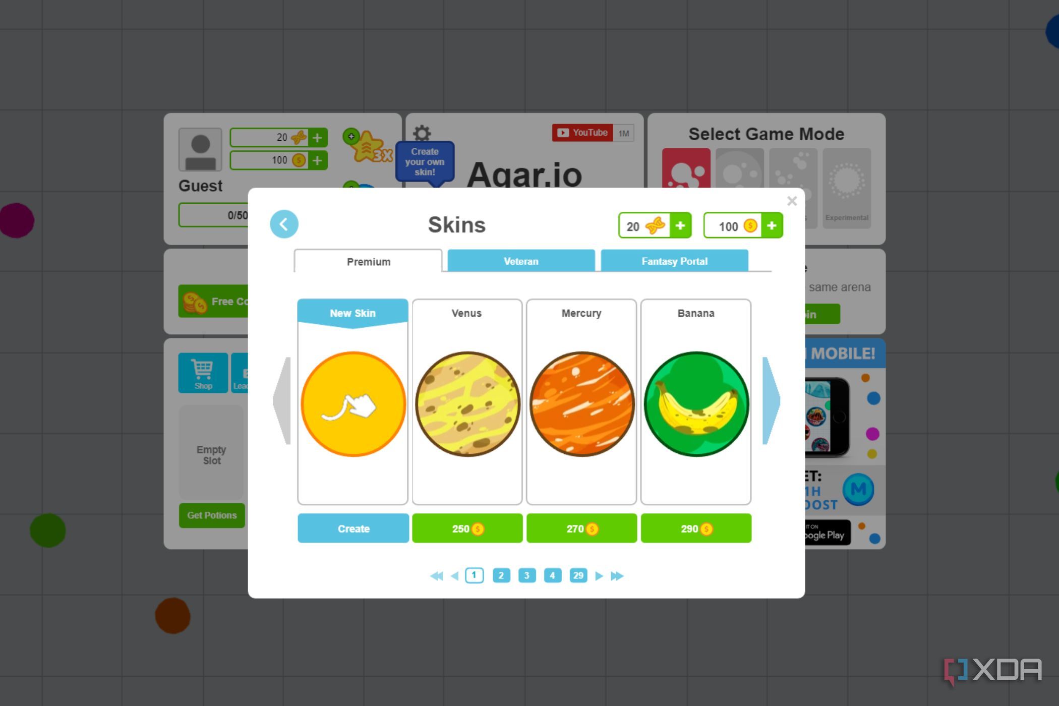 A screenshot showing the Agar IO skin selection.