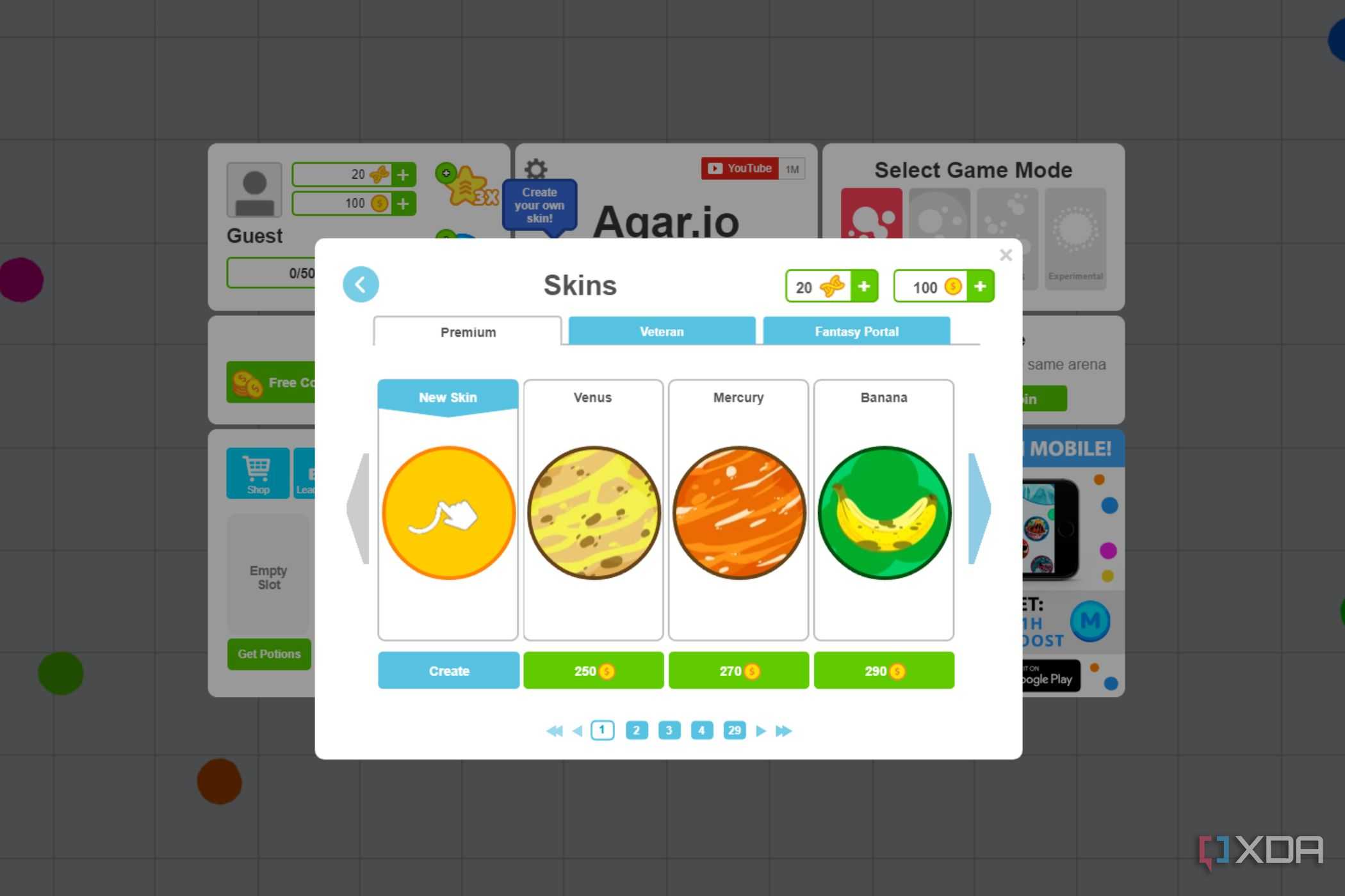 A screenshot showing the Agar IO skin selection.