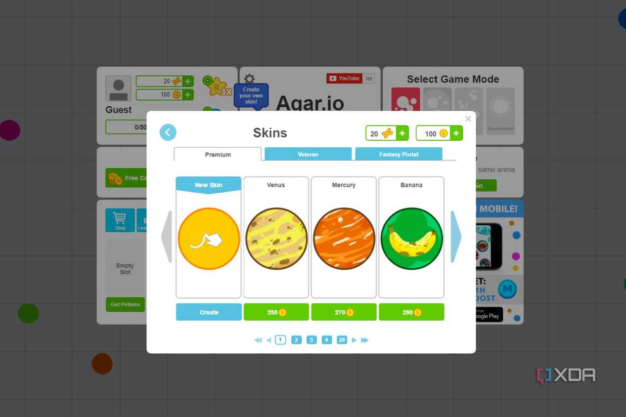 A screenshot showing the Agar IO skin selection.