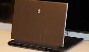 A half-opened Alienware m18 R2 gaming laptop.